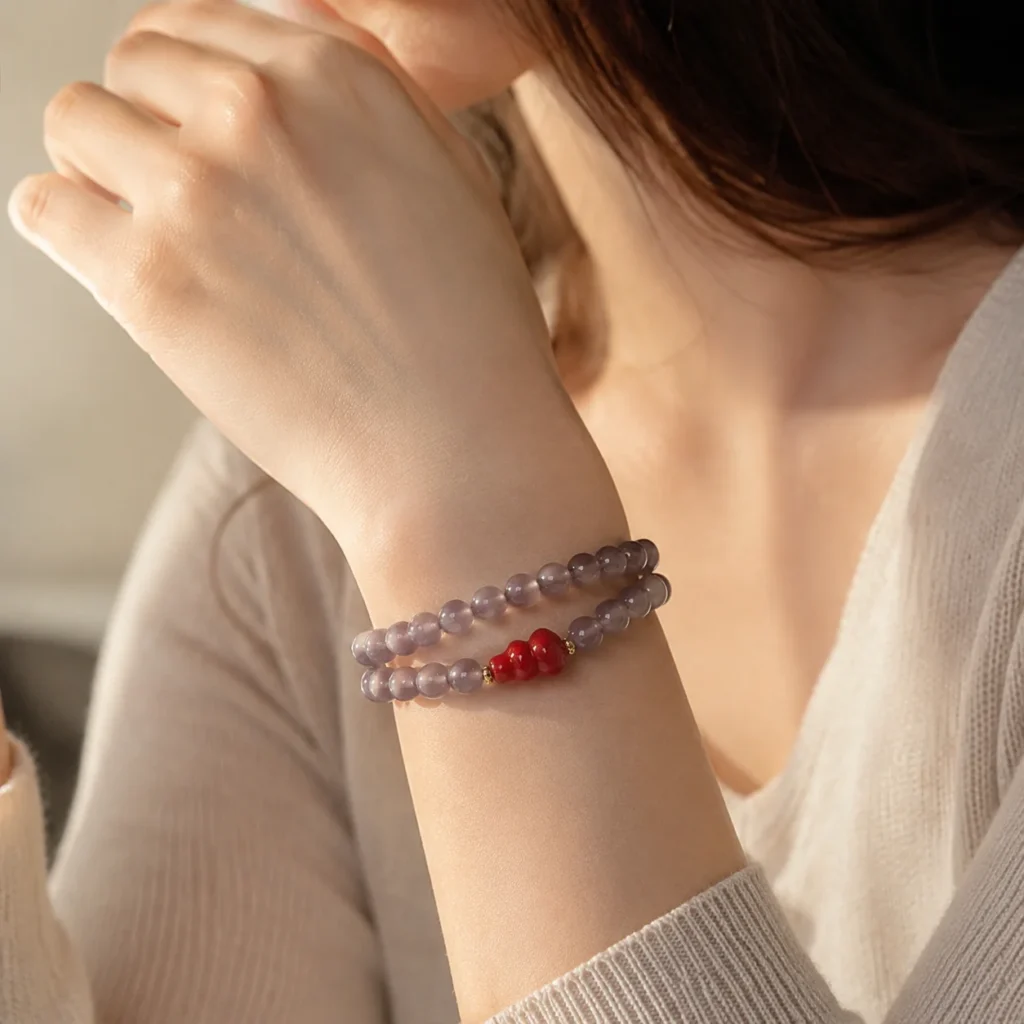 gray agate gourd double-wrap bracelet wearing view