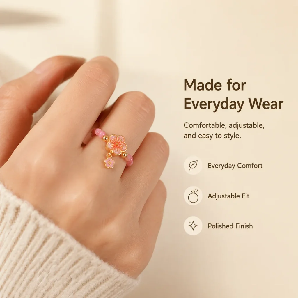 Rhodochrosite Flower Beaded Ring 2 rhodochrosite flower beaded ring wearing view
