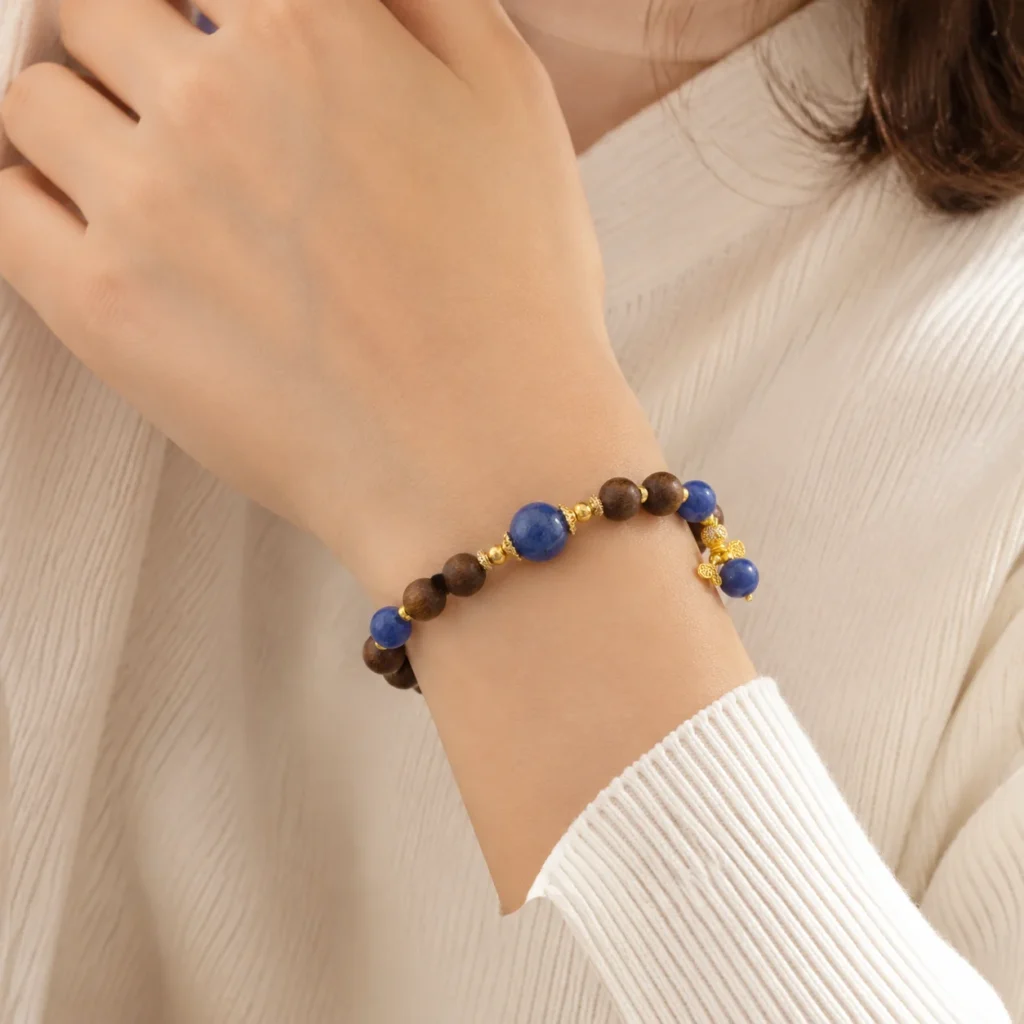 Golden Sandalwood Lapis Butterfly Bracelet 2 golden sandalwood lapis butterfly bracelet wearing view