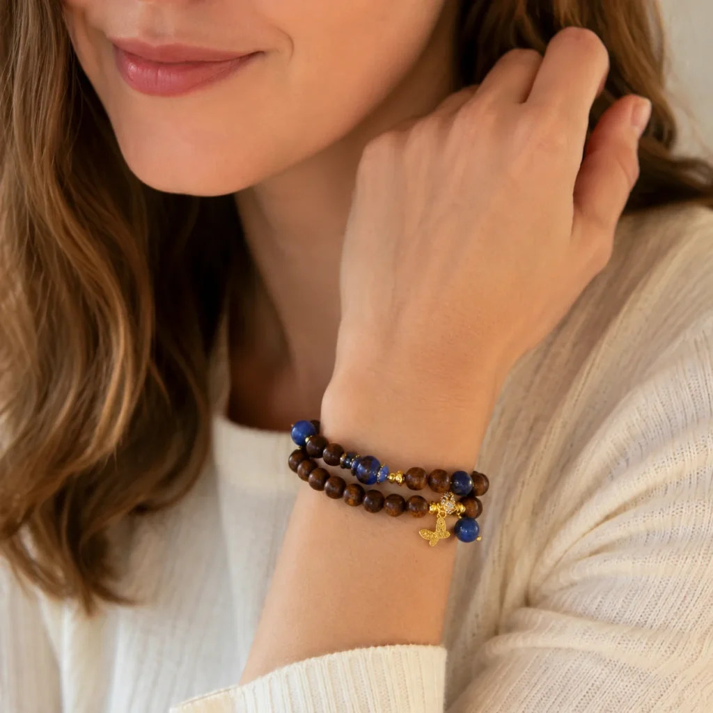Golden Sandalwood Lapis Butterfly Double-Wrap Bracelet 2 golden sandalwood lapis butterfly double-wrap bracelet wearing view