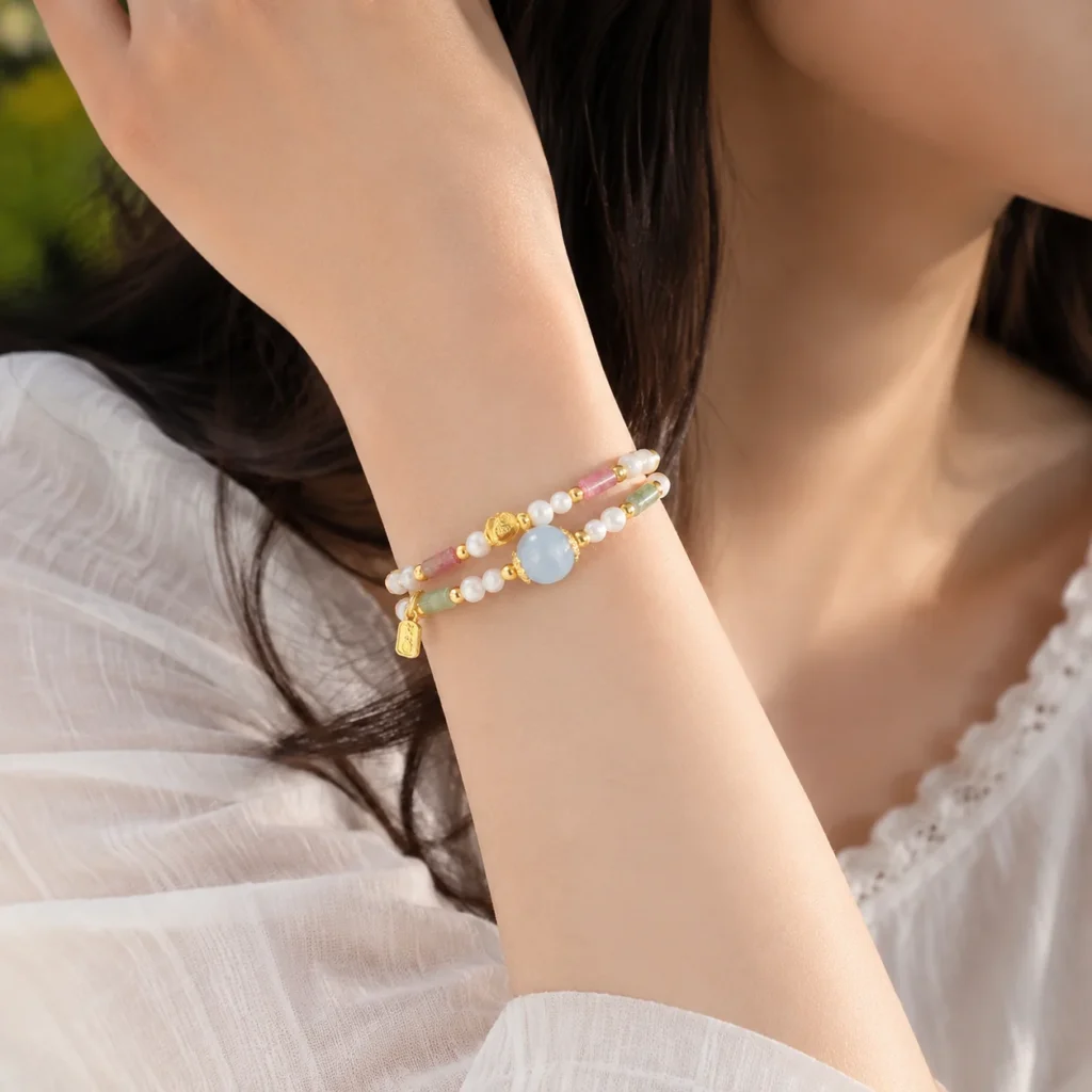 Tourmaline Aquamarine Double-Wrap Bracelet 2 tourmaline aquamarine double-wrap bracelet wearing view
