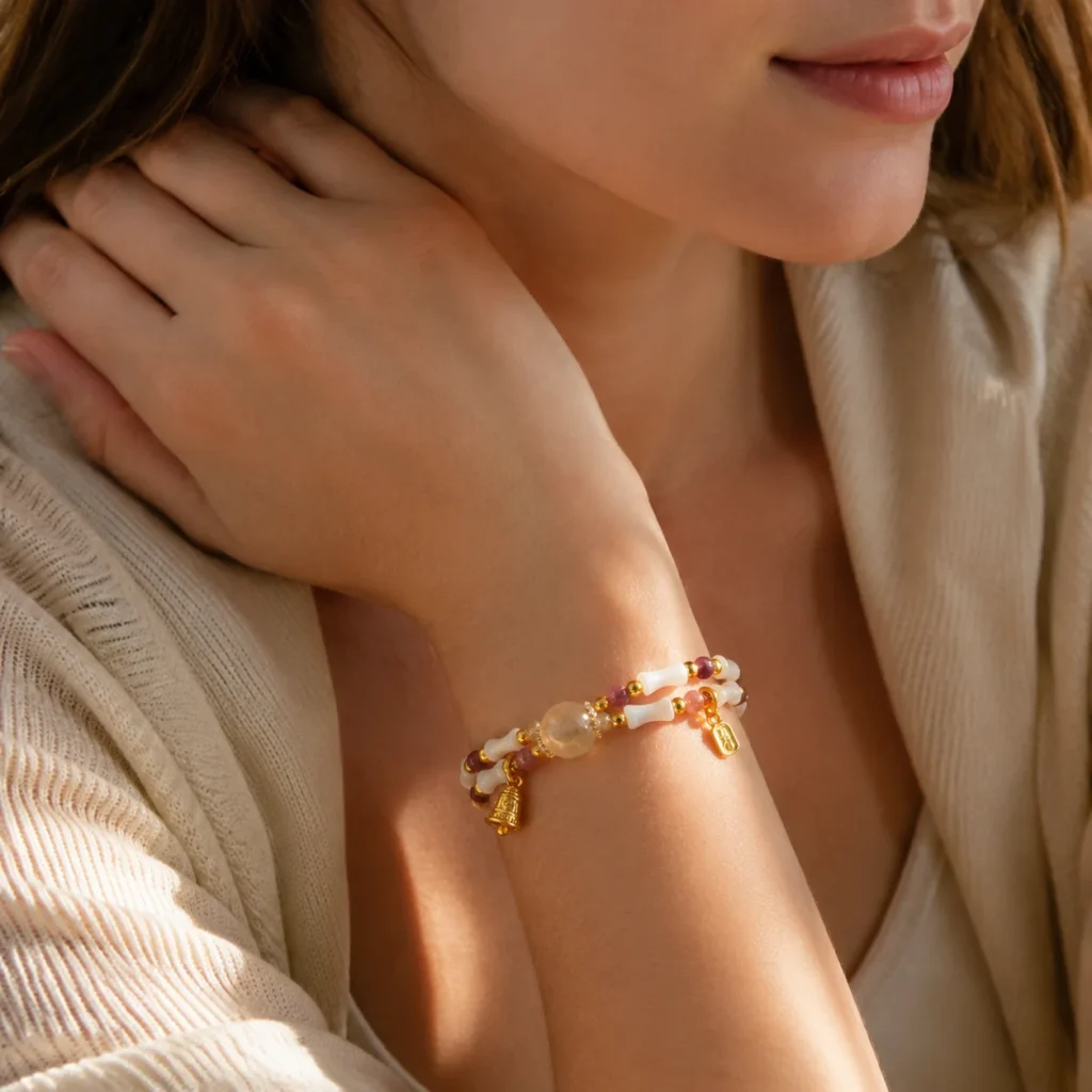 Tourmaline Yellow Azeztulite Double-Wrap Bracelet 2 tourmaline yellow azeztulite double-wrap bracelet wearing view