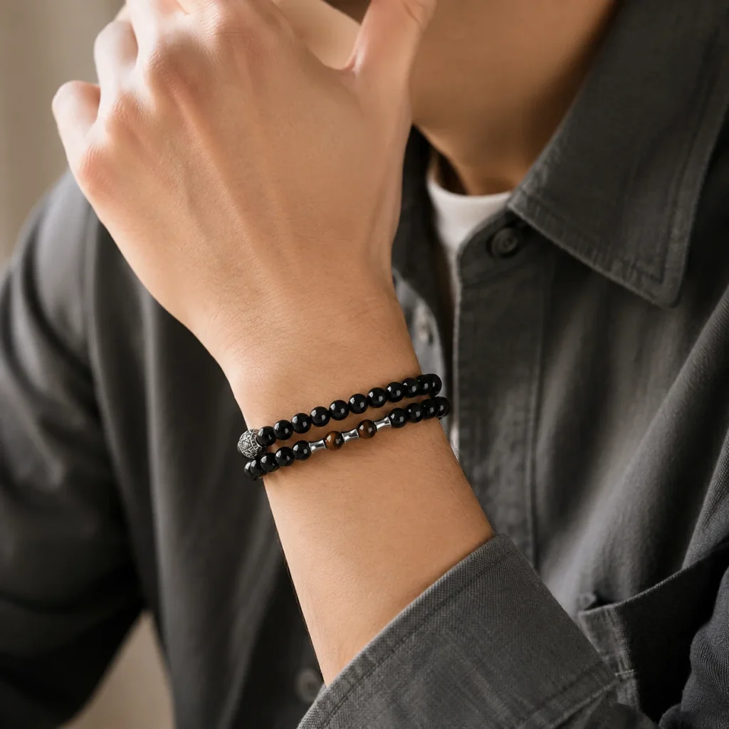 Black Obsidian Double-Wrap Bracelet 2 black obsidian double-wrap bracelet wearing view
