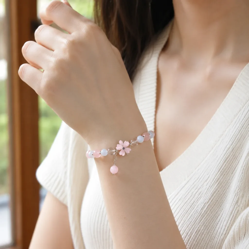 Translucent Rose Quartz Clover Bracelet 2 translucent rose quartz clover bracelet wearing view