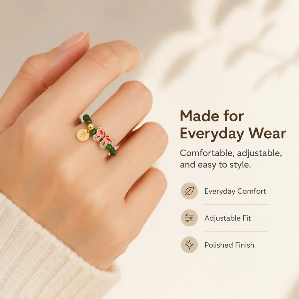 green chalcedony butterfly beaded ring wearing view