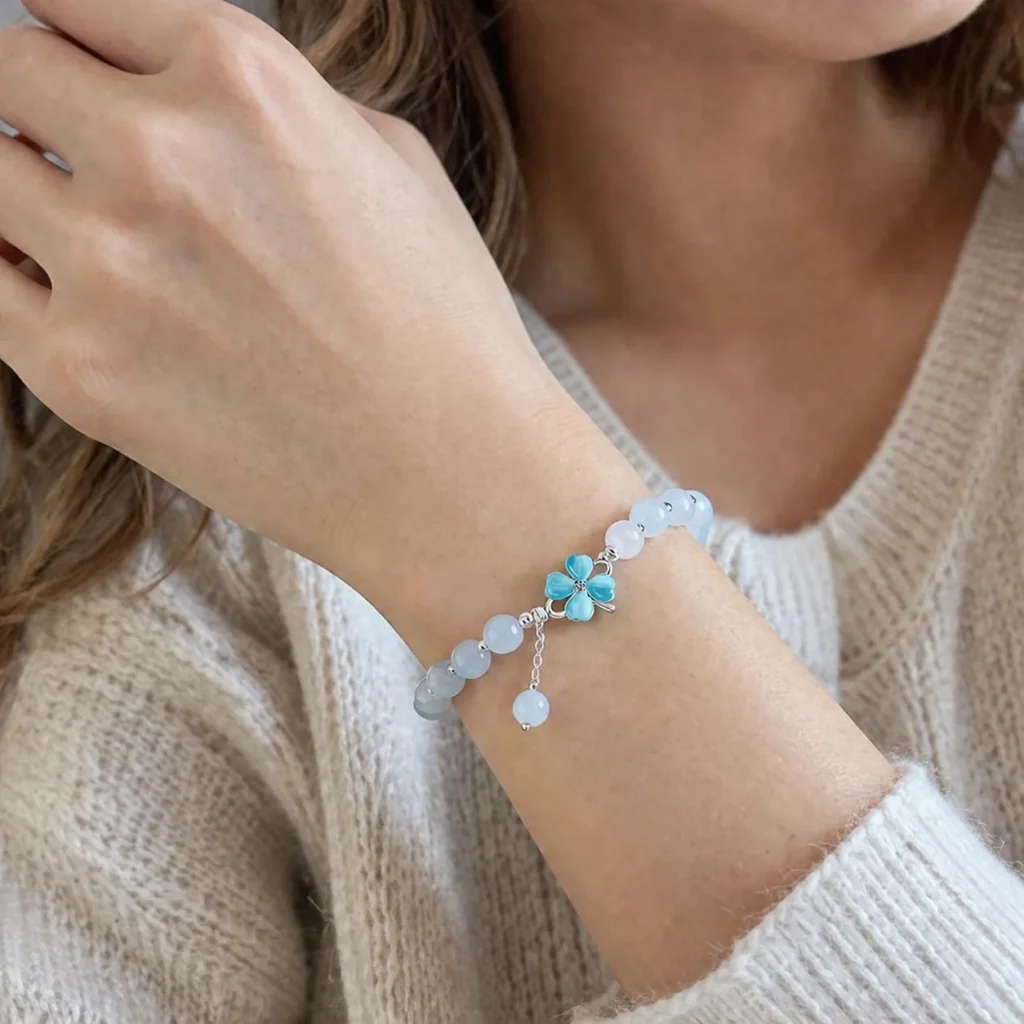 Blue Chalcedony Clover Bracelet 2 blue chalcedony clover bracelet wearing view