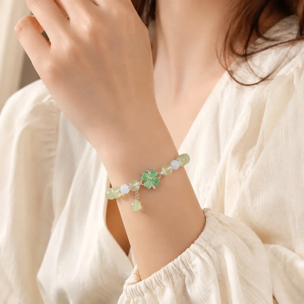 Prehnite Clover Bracelet 2 prehnite clover bracelet wearing view