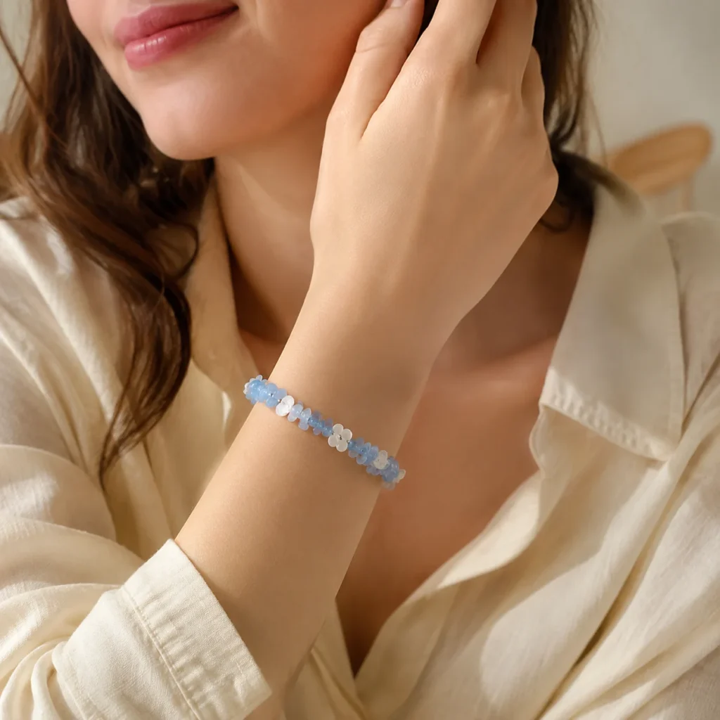 Aquamarine Shell Flower Bracelet 2 aquamarine shell flower bracelet wearing view