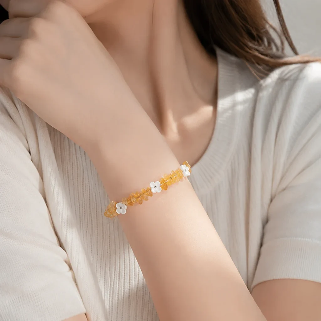 Yellow Citrine Shell Flower Bracelet 2 yellow citrine shell flower bracelet wearing view