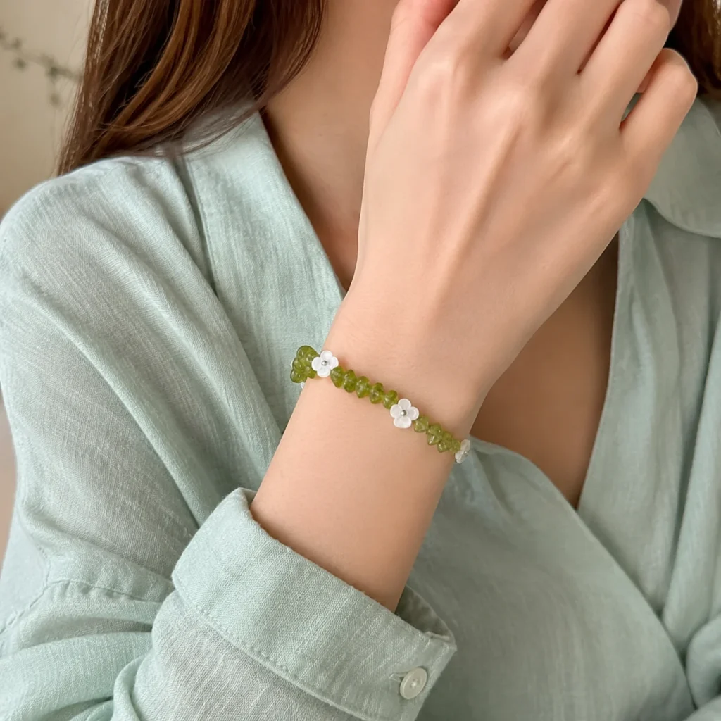 Peridot Shell Flower Bracelet 2 peridot shell flower bracelet wearing view