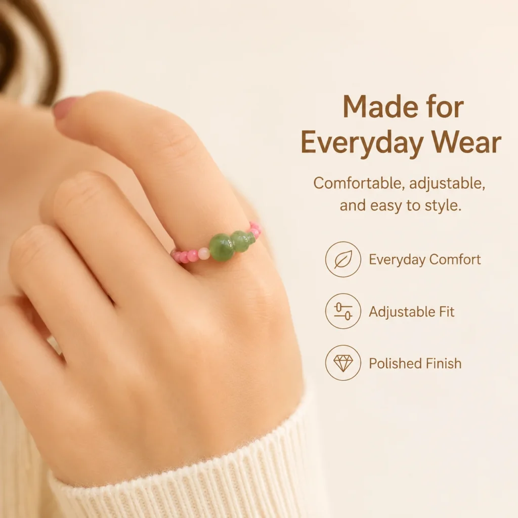 Rhodochrosite Jade Gourd Beaded Ring 2 rhodochrosite jade gourd beaded ring wearing view