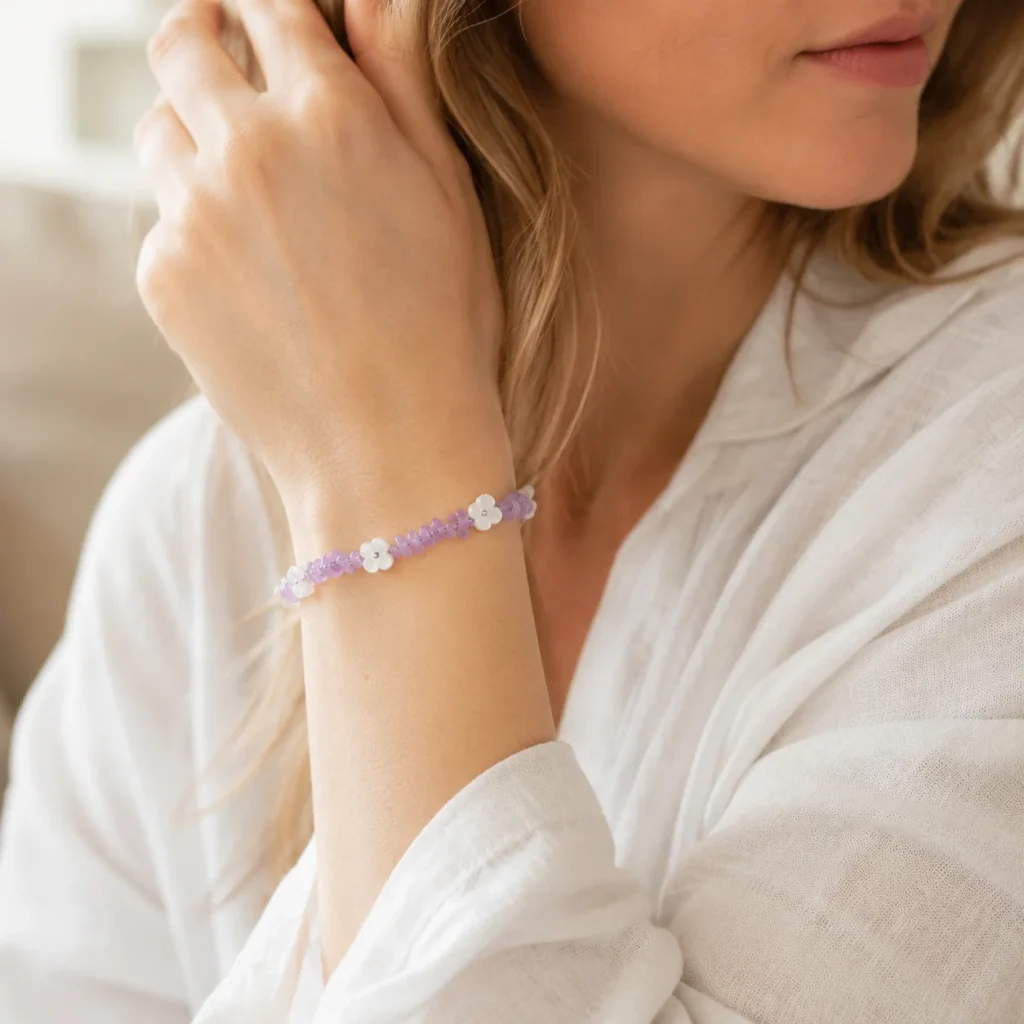 Lavender Amethyst Shell Flower Bracelet 2 lavender amethyst shell flower bracelet wearing view