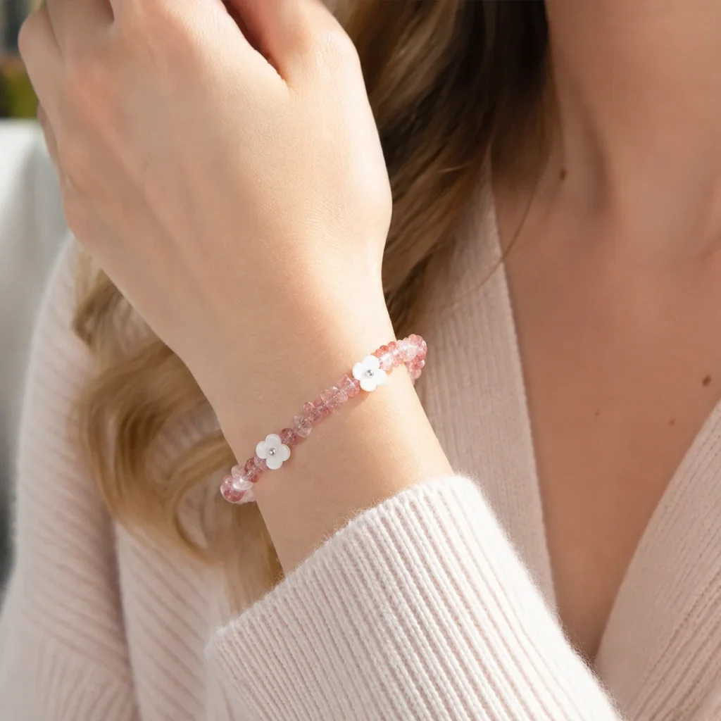 Strawberry Quartz Shell Flower Bracelet 2 strawberry quartz shell flower bracelet wearing view