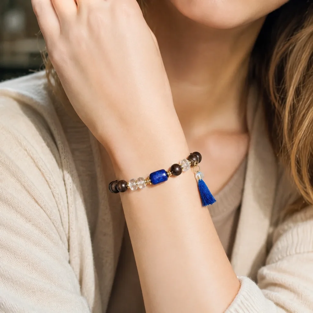 Agarwood Lapis Lazuli Beaded Bracelet 2 agarwood lapis lazuli beaded bracelet wearing view