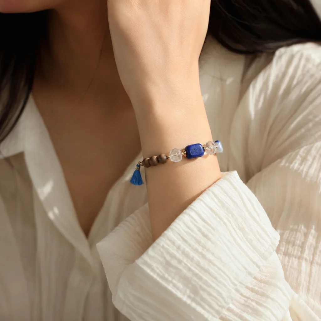 Adjustable Agarwood Lapis Lazuli Bracelet 2 adjustable agarwood lapis lazuli bracelet wearing view