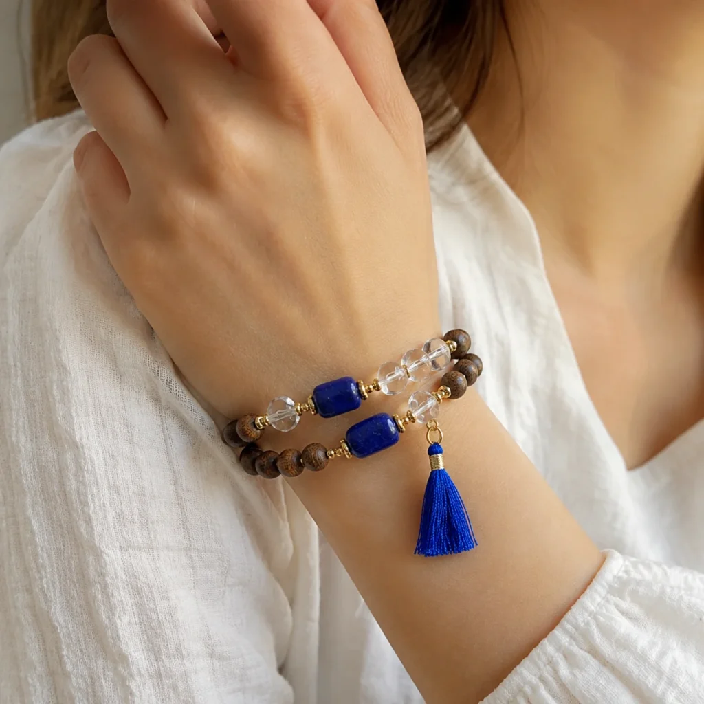 Agarwood Lapis Lazuli Double-Wrap Bracelet 2 agarwood lapis lazuli double-wrap bracelet wearing view