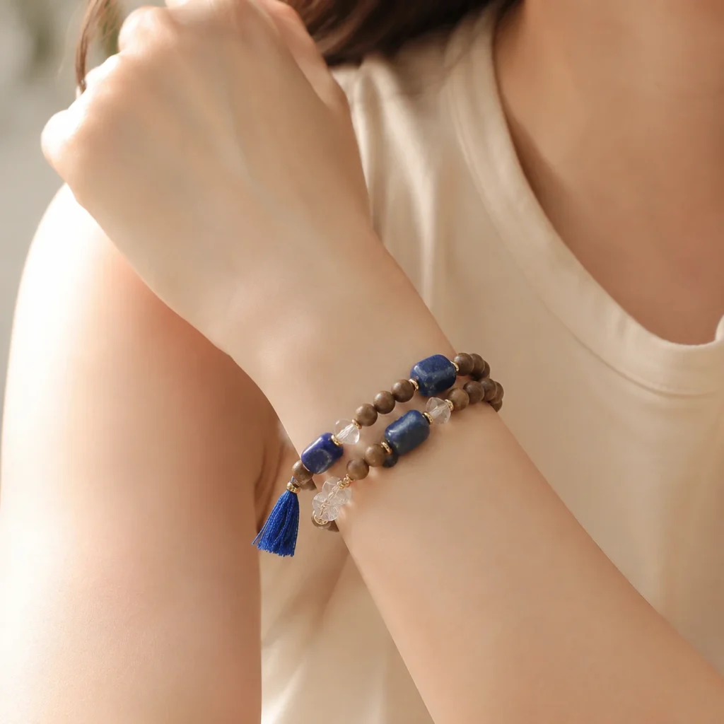 Adjustable Agarwood Lapis Lazuli Double-Wrap Bracelet 2 adjustable agarwood lapis lazuli double-wrap bracelet wearing view