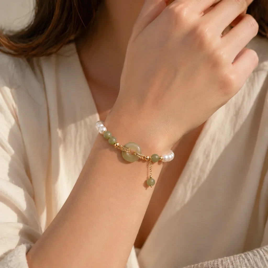 Freshwater Pearl Jade Beaded Bracelet 2 freshwater pearl jade beaded bracelet wearing view