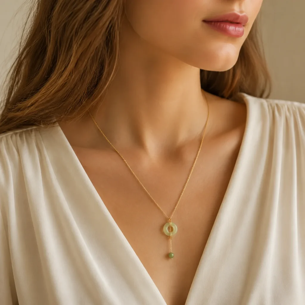 Freshwater Pearl Jade Beaded Necklace 2 freshwater pearl jade beaded necklace wearing view