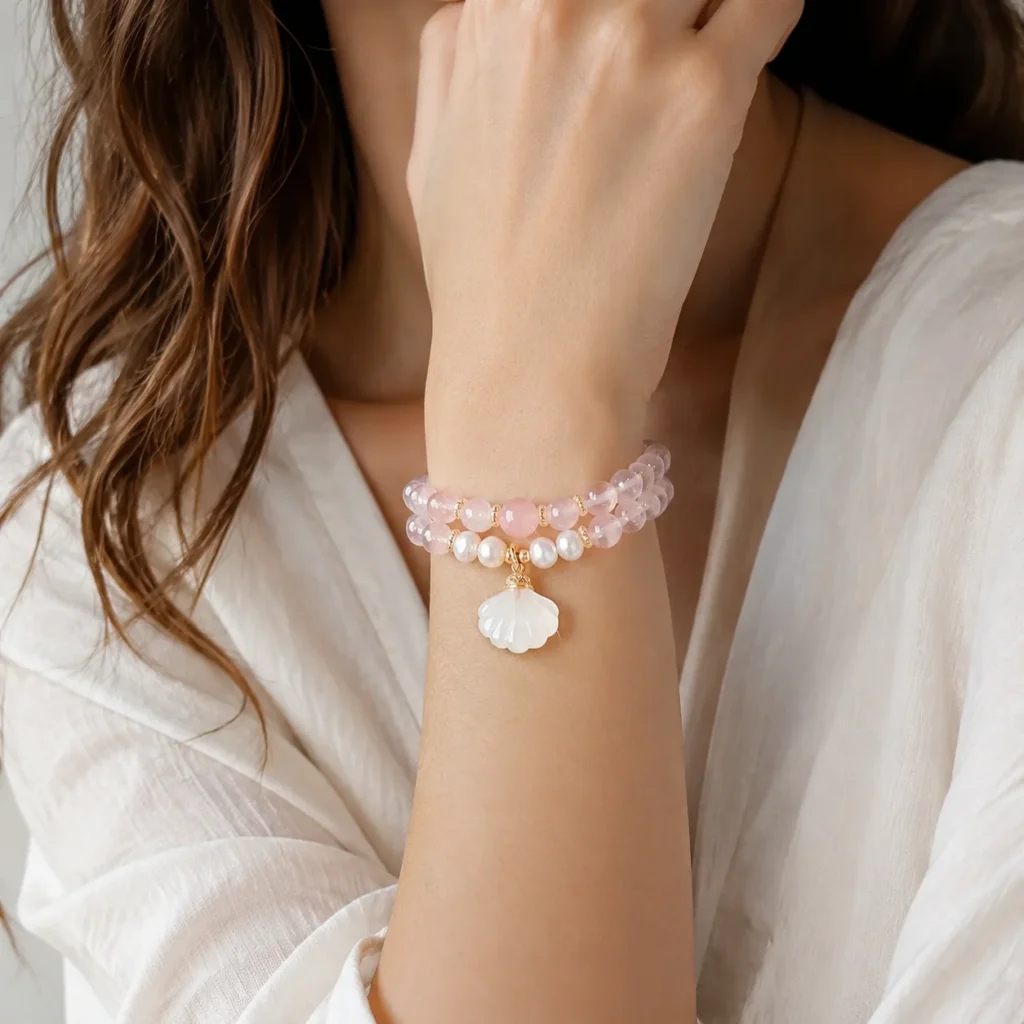 Rose Quartz Agate Shell Double-Wrap Bracelet 2 rose quartz agate shell double-wrap bracelet wearing view
