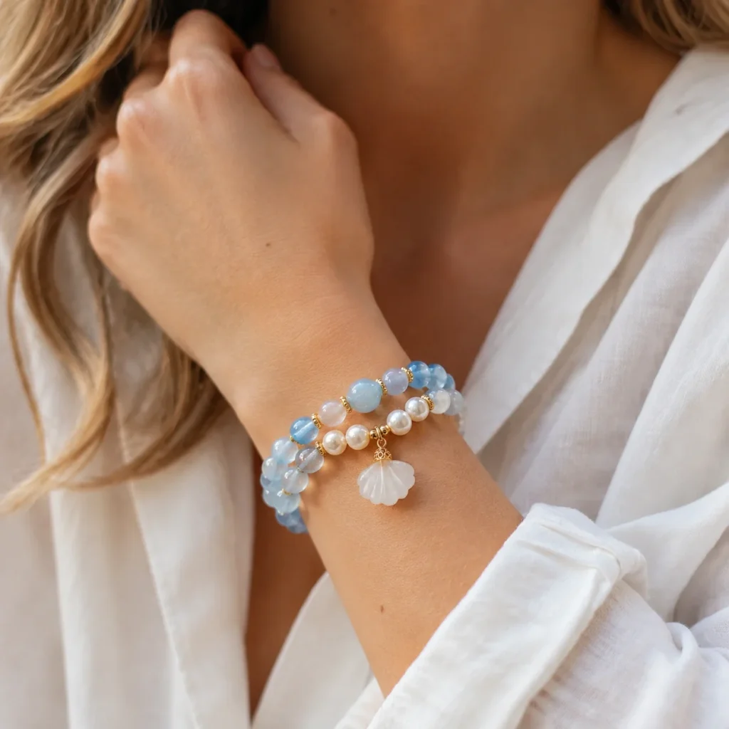 Blue Chalcedony Pearl Agate Shell Double-Wrap Bracelet 2 blue chalcedony pearl agate shell double-wrap bracelet wearing view