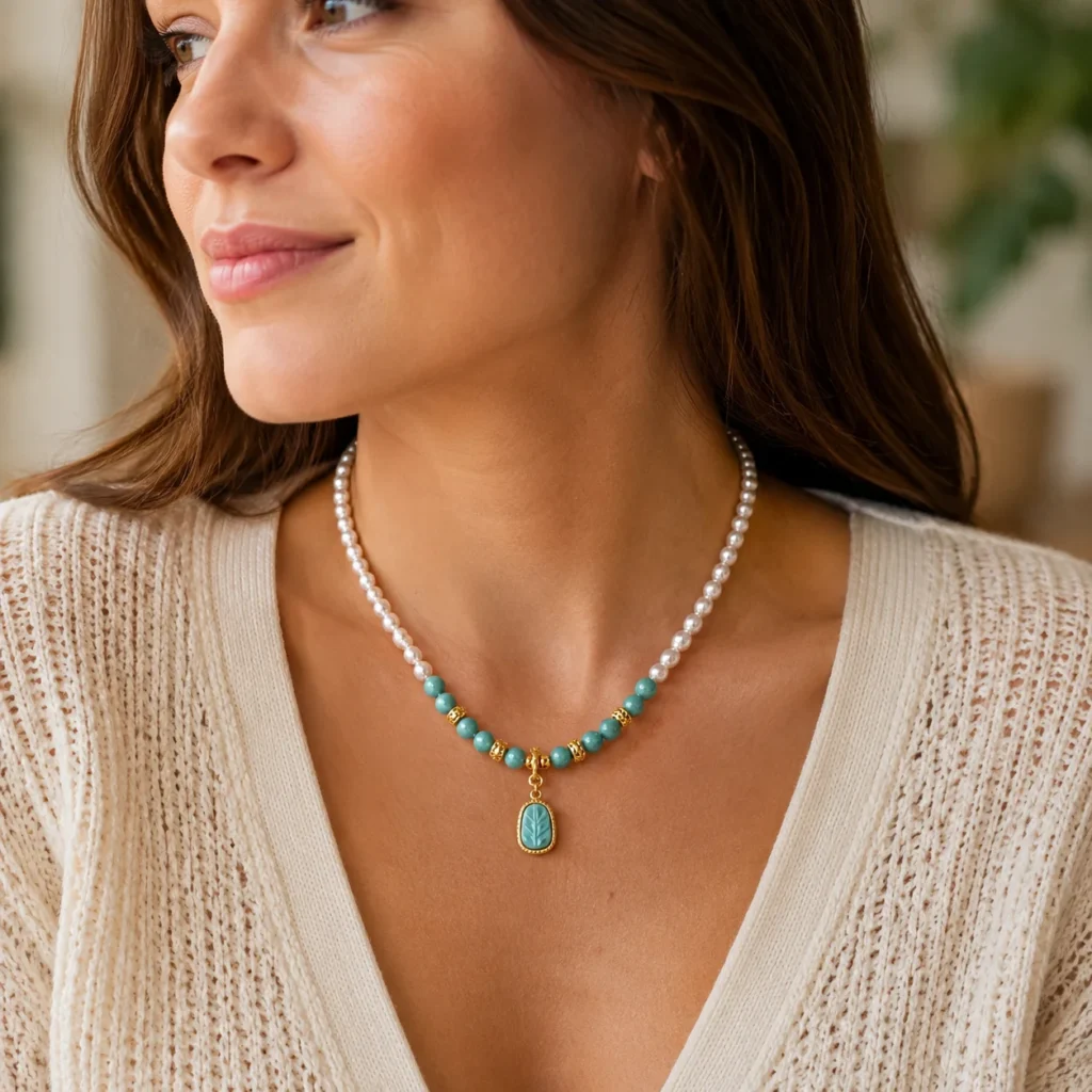 Freshwater Pearl Blue Jade Leaf Necklace 2 freshwater pearl blue jade leaf necklace wearing view