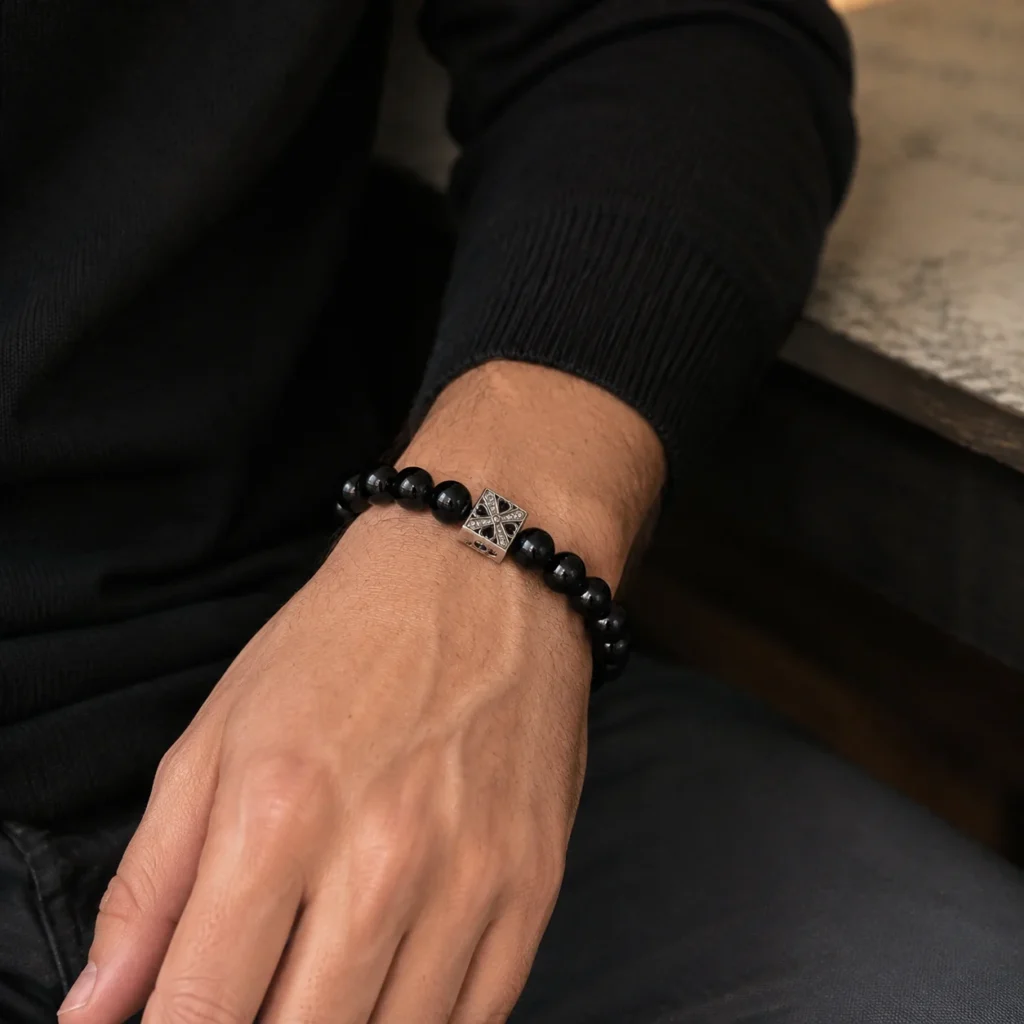 Black Obsidian Beaded Bracelet 2 black obsidian beaded bracelet wearing view