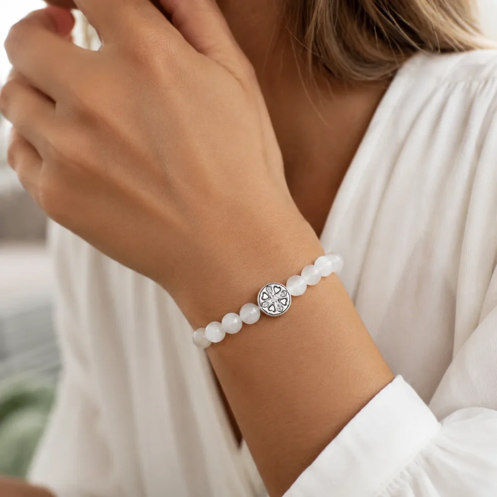 White Cat Eye Stone Beaded Bracelet 2 white cat eye stone beaded bracelet wearing view