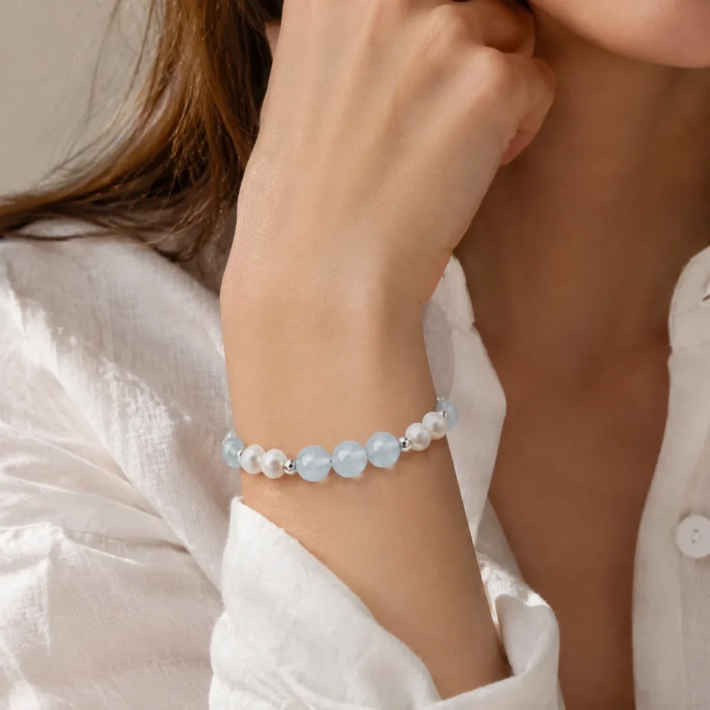 Blue Chalcedony Pearl Beaded Bracelet 2 blue chalcedony pearl beaded bracelet wearing view