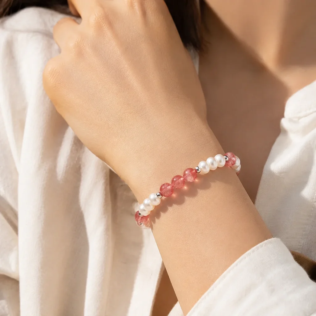 Strawberry Quartz Pearl Beaded Bracelet 2 strawberry quartz pearl beaded bracelet wearing view