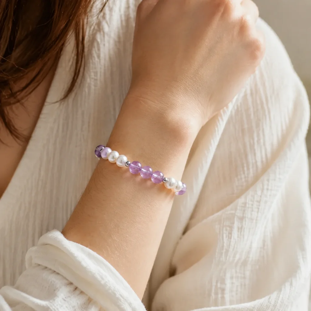 Lavender Amethyst Pearl Beaded Bracelet 2 lavender amethyst pearl beaded bracelet wearing view