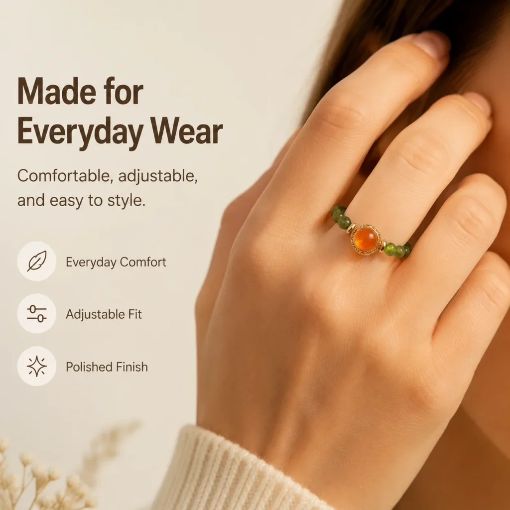 green chalcedony beaded ring wearing view