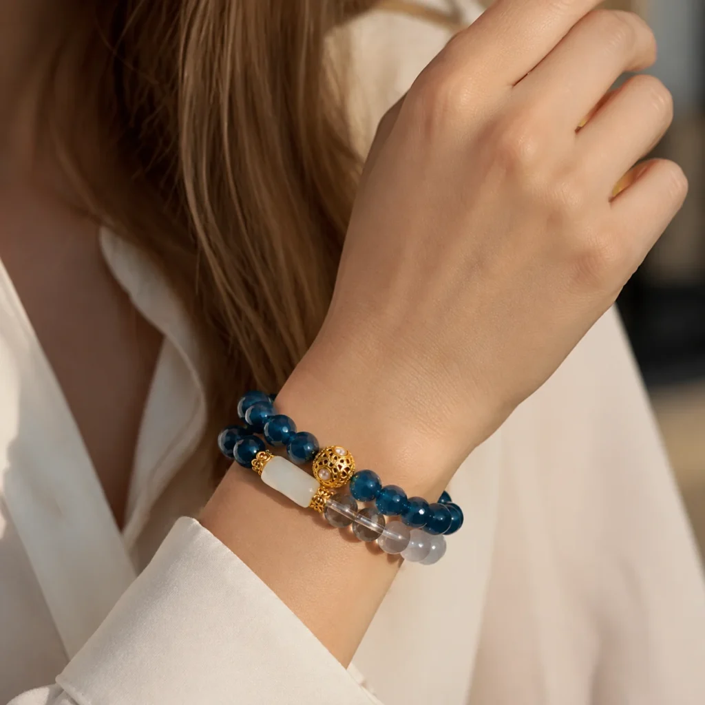 Agate Jade Double-Wrap Bracelet 2 agate jade double-wrap bracelet wearing view