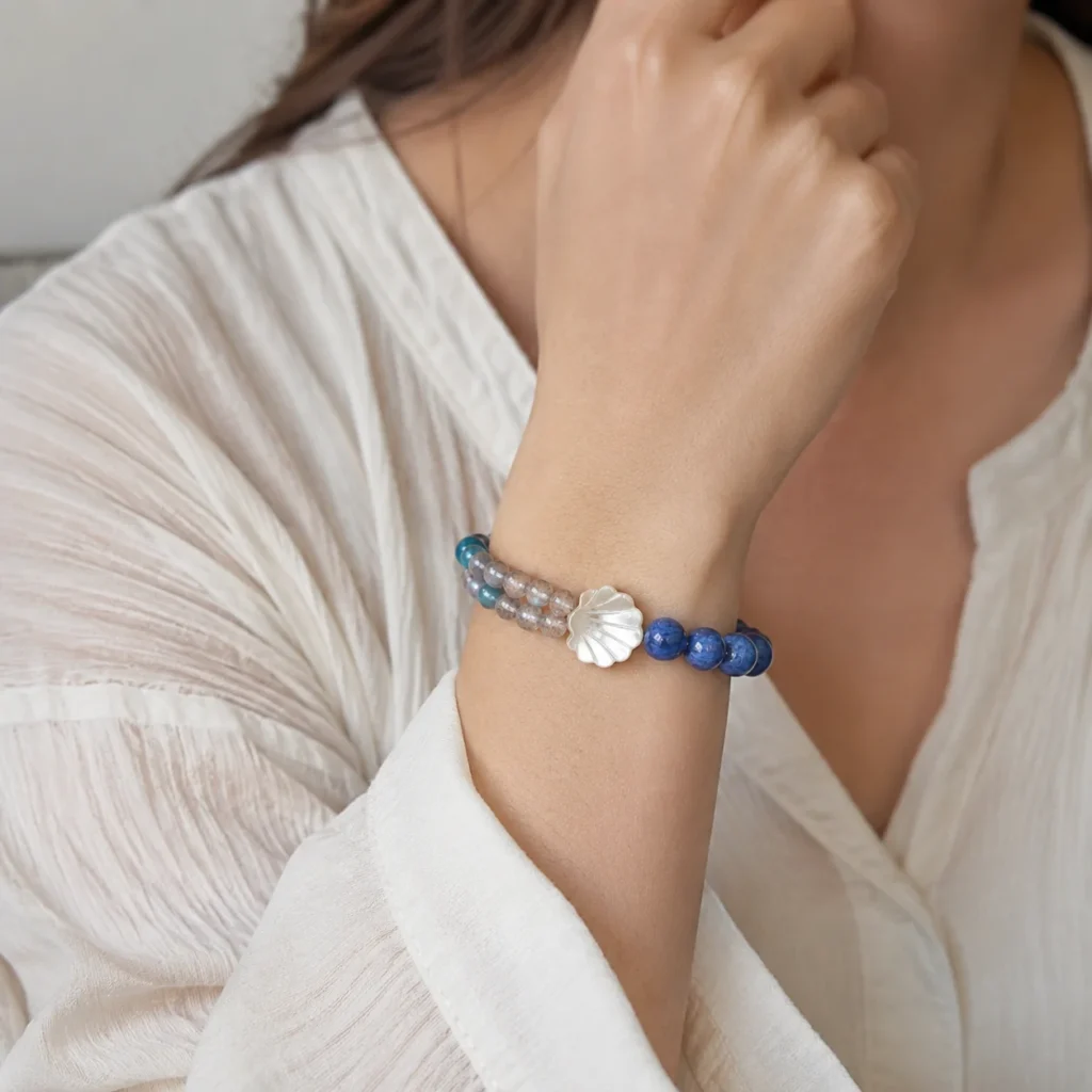 Gray Moonstone Kyanite Beaded Bracelet 2 gray moonstone kyanite beaded bracelet wearing view