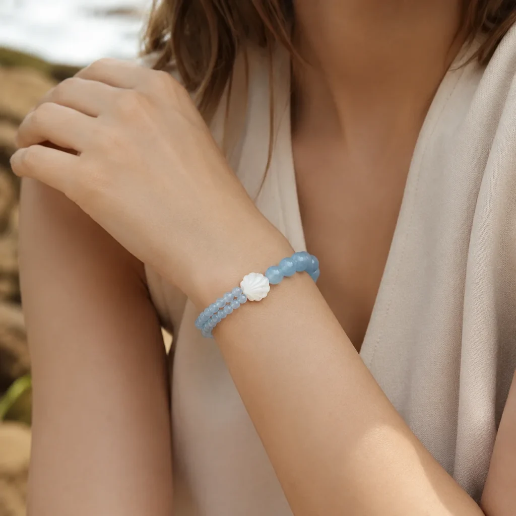Blue Chalcedony Beaded Bracelet 2 blue chalcedony beaded bracelet wearing view