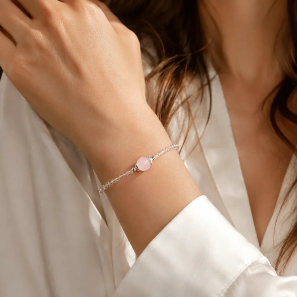 Clear Quartz Beaded Bracelet 2 clear quartz beaded bracelet wearing view