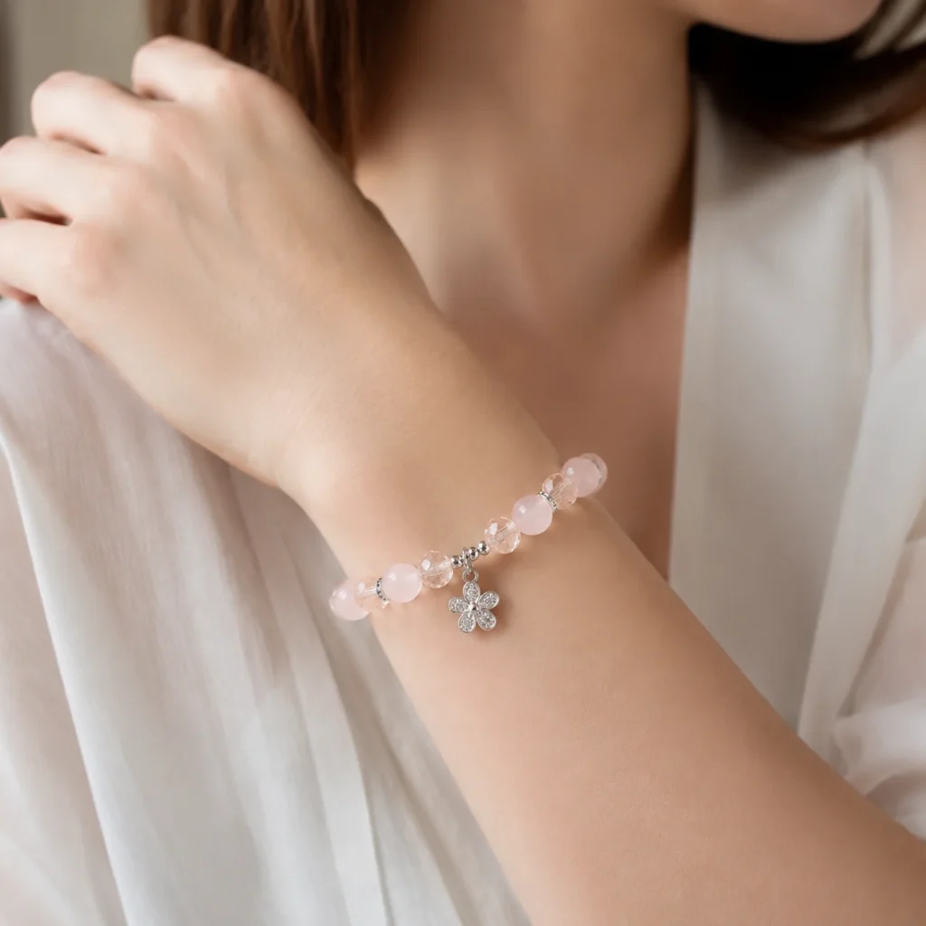 Rose Quartz Faceted Beaded Bracelet 2 rose quartz faceted beaded bracelet wearing view