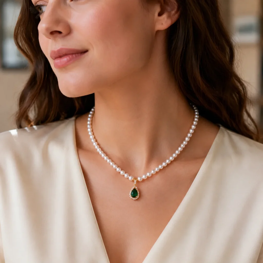 Freshwater Pearl Gourd Pendant Necklace 2 freshwater pearl gourd pendant necklace wearing view