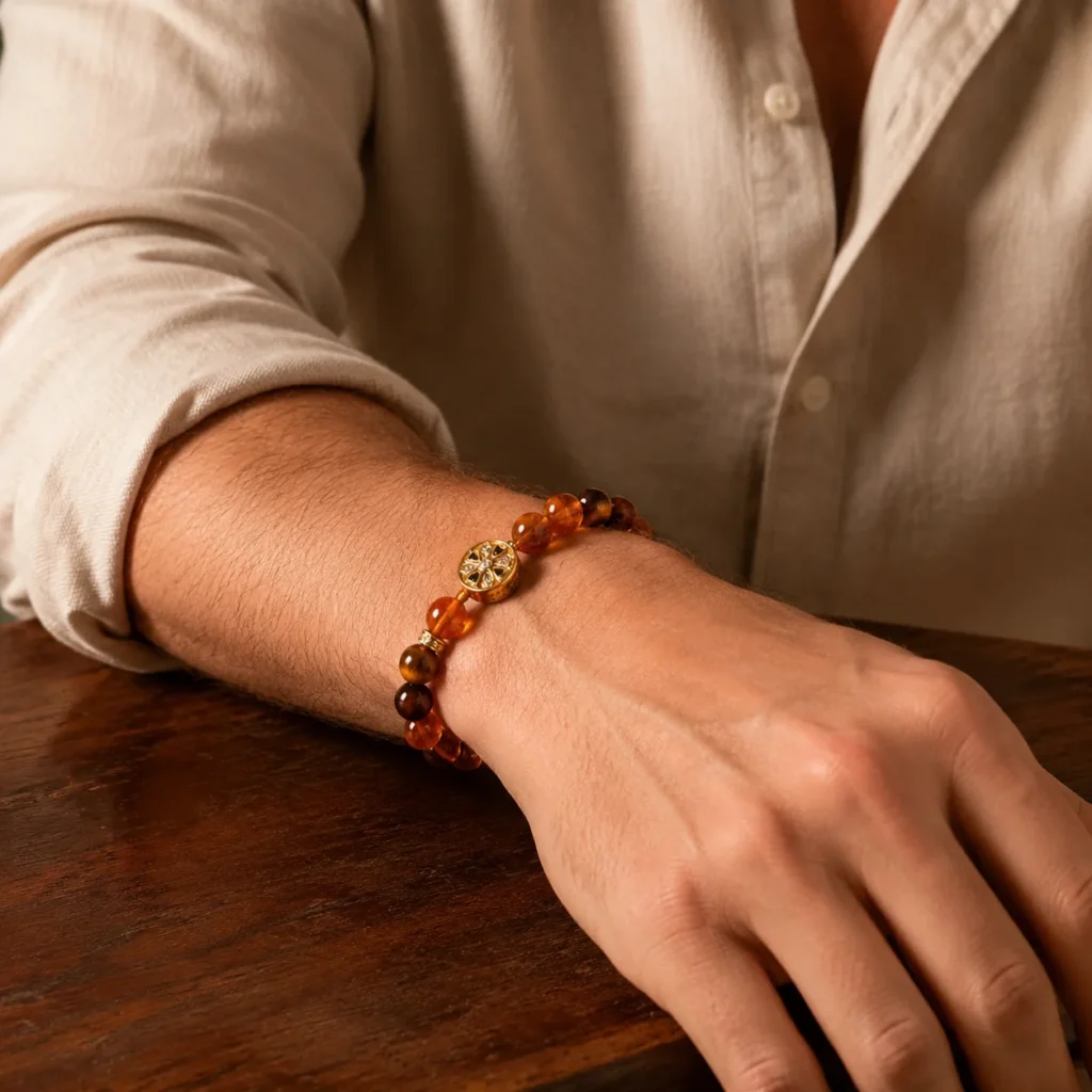 Golden Crystal Tiger Eye Beaded Bracelet 2 golden crystal tiger eye beaded bracelet wearing view