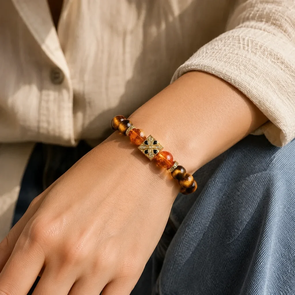 Golden Crystal Tiger Eye Accent Beaded Bracelet 2 golden crystal tiger eye accent beaded bracelet wearing view