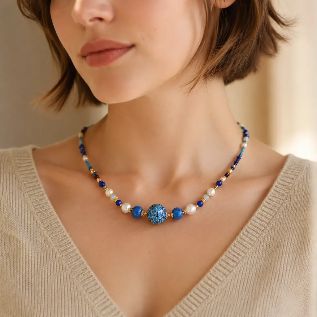 Crystal Pearl Lacquer Bead Necklace 2 crystal pearl lacquer bead necklace wearing view
