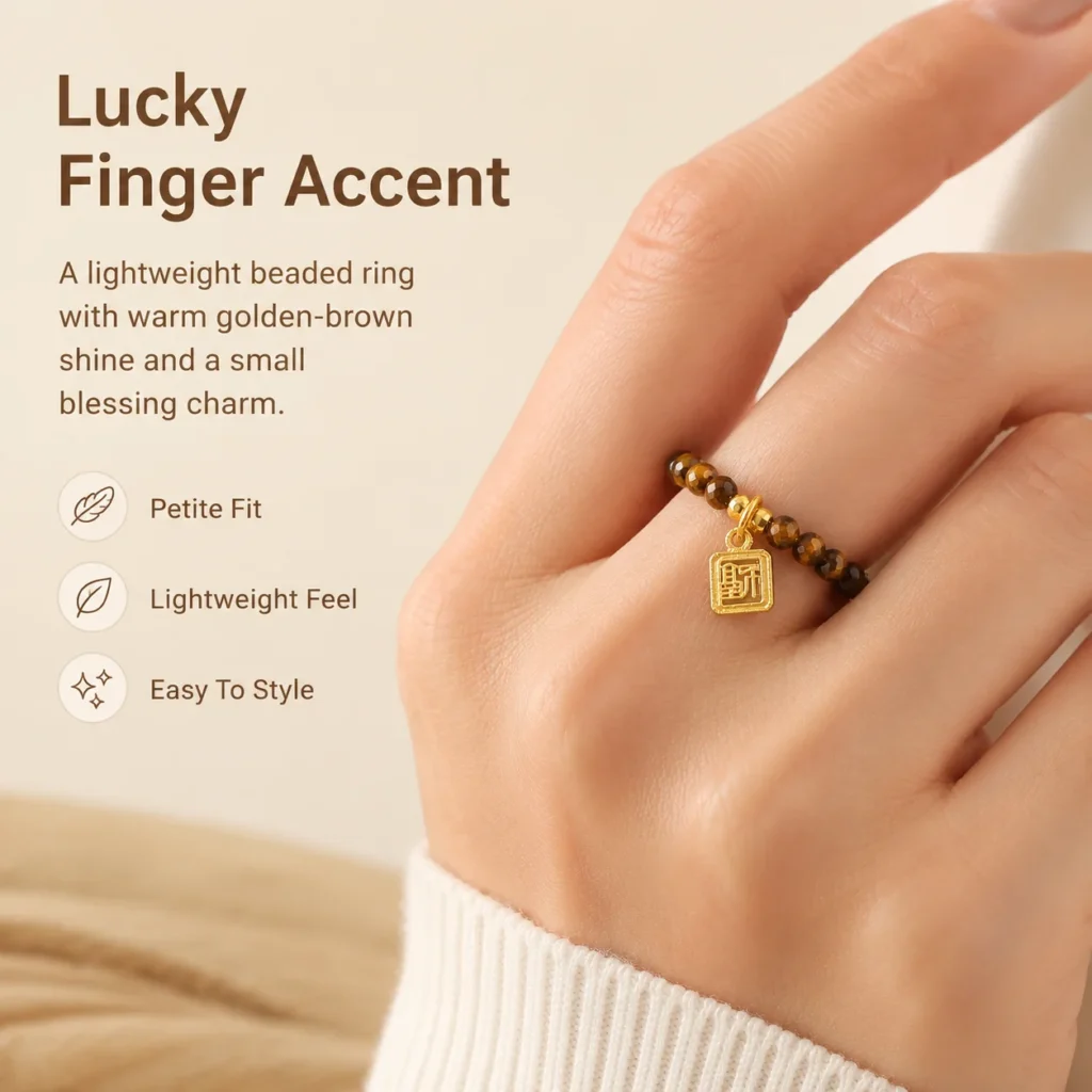 Yellow Tiger Eye Blessing Tag Beaded Ring 2 yellow tiger eye blessing tag beaded ring wearing view