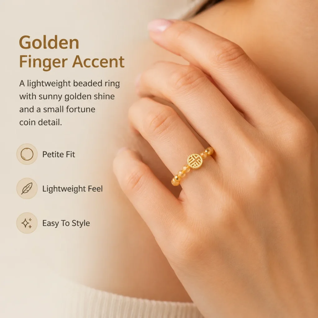 golden rutilated quartz fortune coin beaded ring wearing view