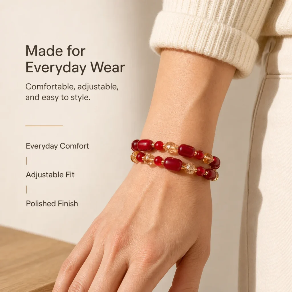 red agate double wrap bracelet yellow crystal wearing view