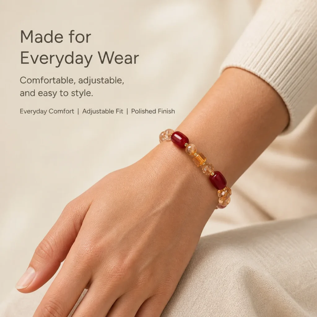 Red Agate Bracelet - Yellow Crystal Accent 2 red agate bracelet yellow crystal wearing view