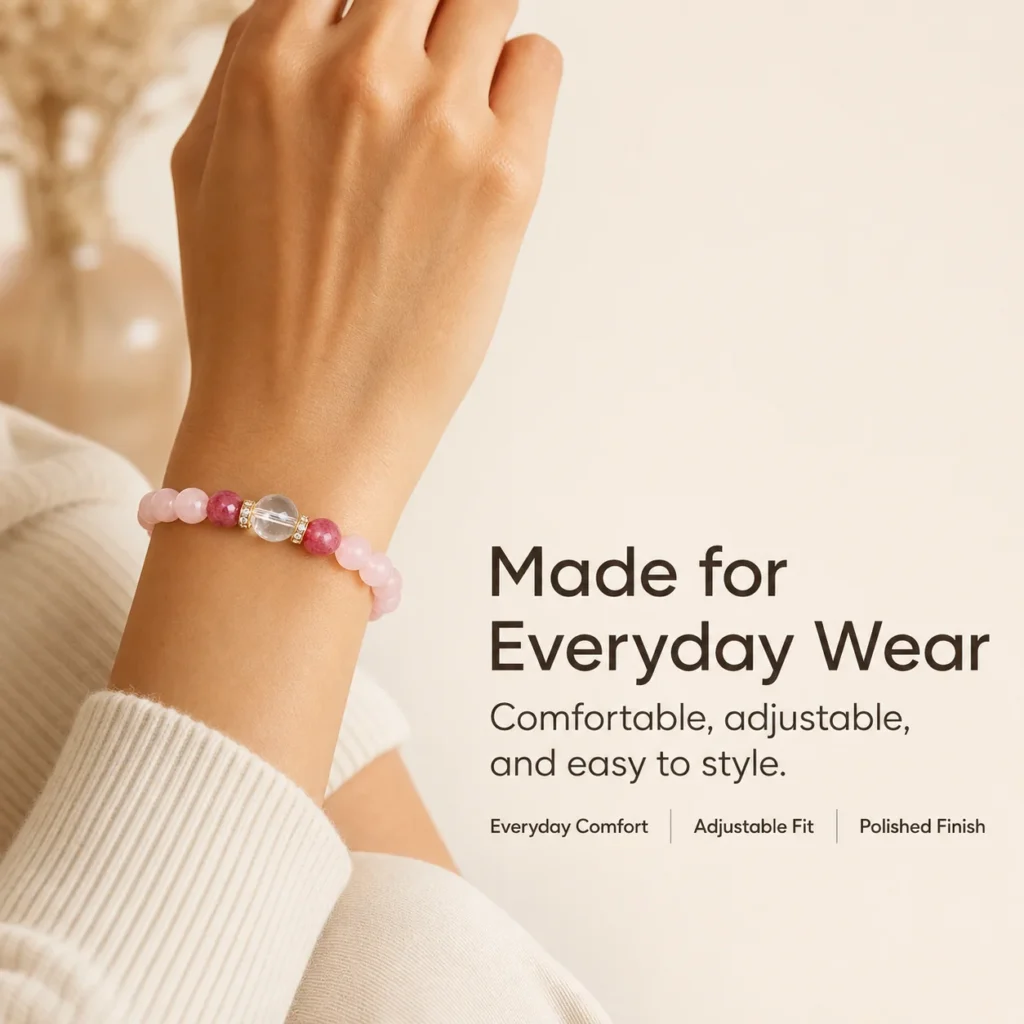 Pink Quartz & Strawberry Quartz Bracelet 2 pink quartz strawberry quartz bracelet wearing view