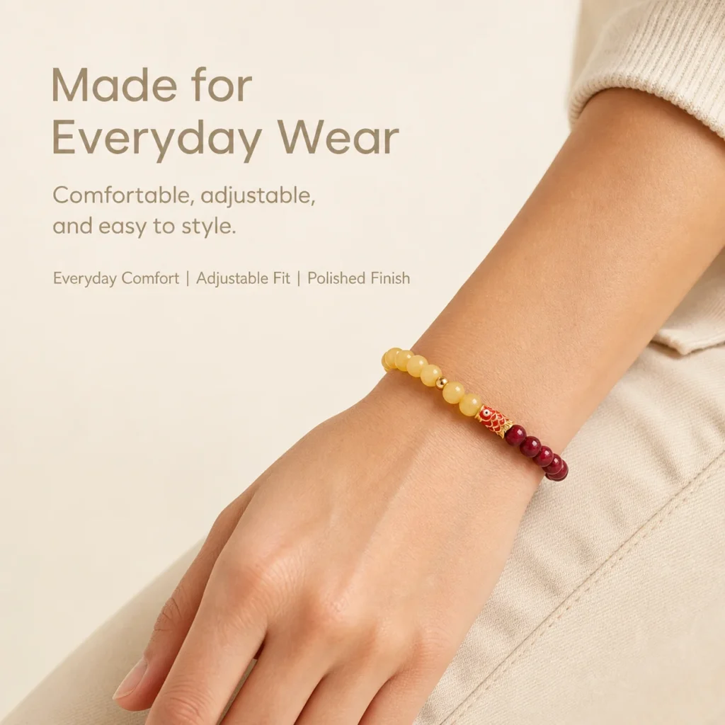 yellow jade cinnabar koi bracelet wearing view