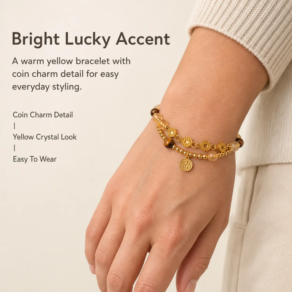 Yellow Tower Crystal Coin Luck Bracelet 2 yellow tower crystal coin luck bracelet wearing view