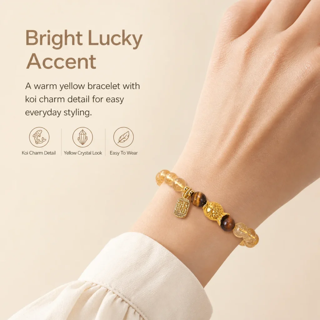 yellow tower crystal koi charm bracelet wearing view