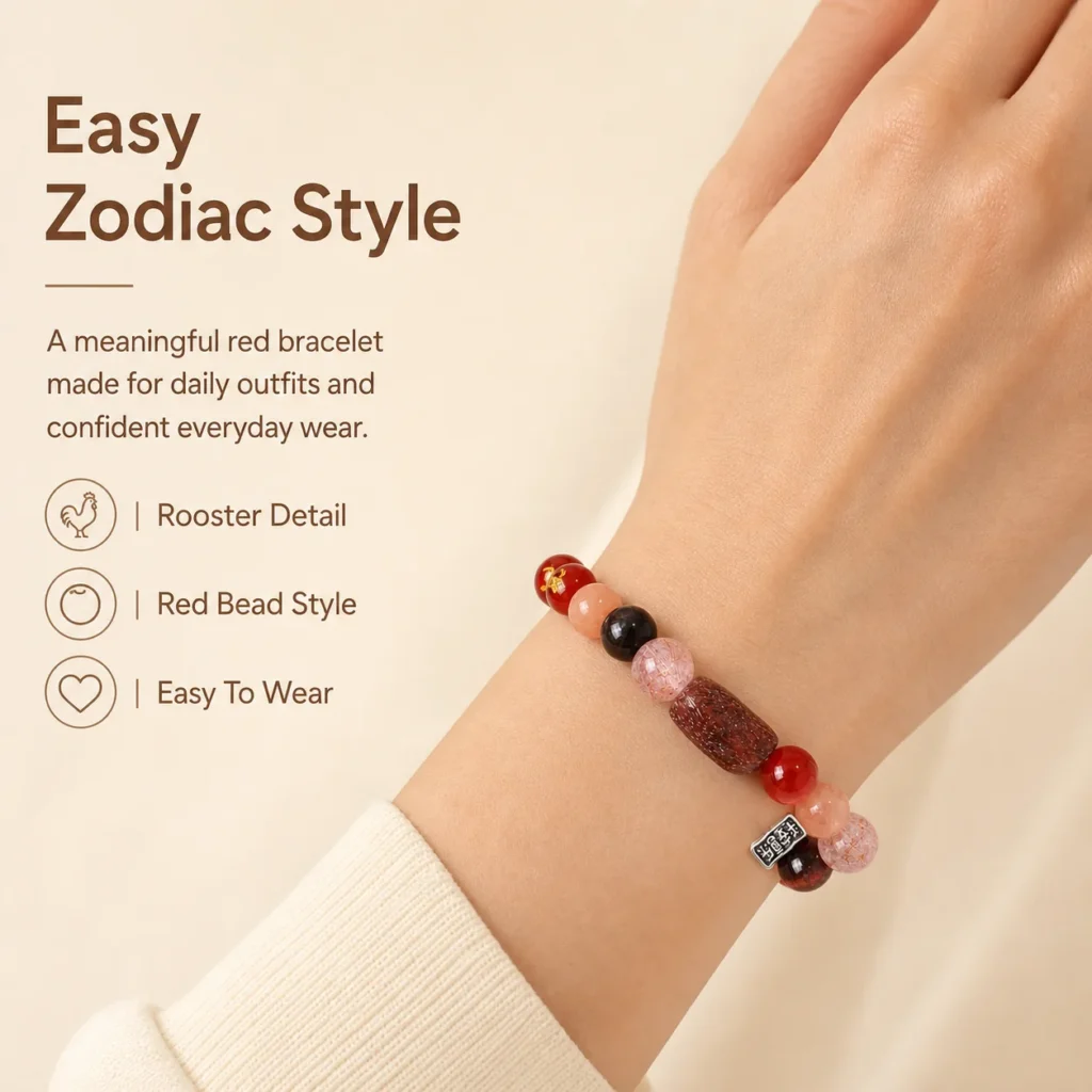 Chinese Zodiac Rooster Sanhe Liuhe Bracelet 2 chinese zodiac rooster sanhe liuhe bracelet wearing view